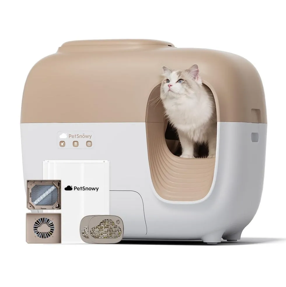 large cat cave hygiene next to automatic litter box