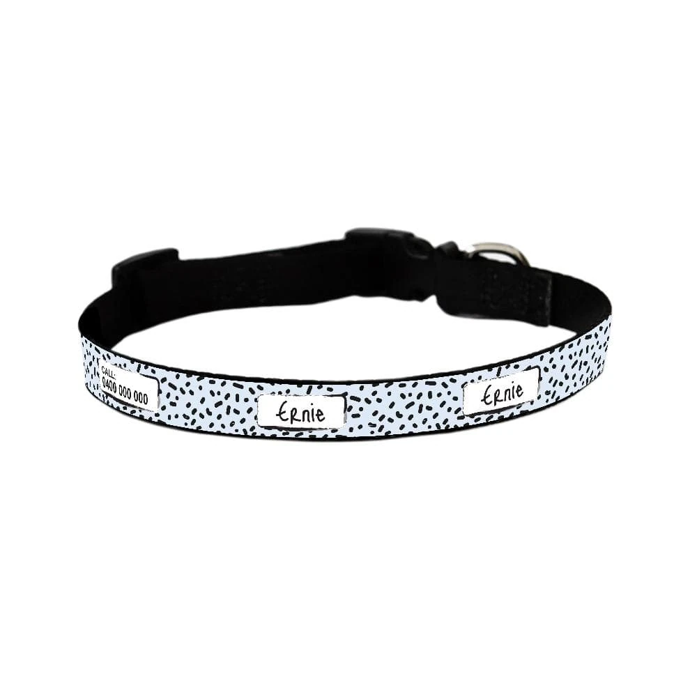 cat water drinker next to a personalised dog collar squiggle blue showing coordinated pet corner